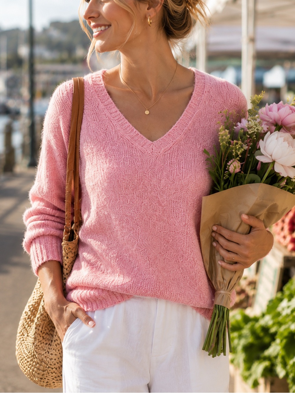 J. Crew Pink Boucle Knit V-Neck Light Summer Sweater - Size Medium